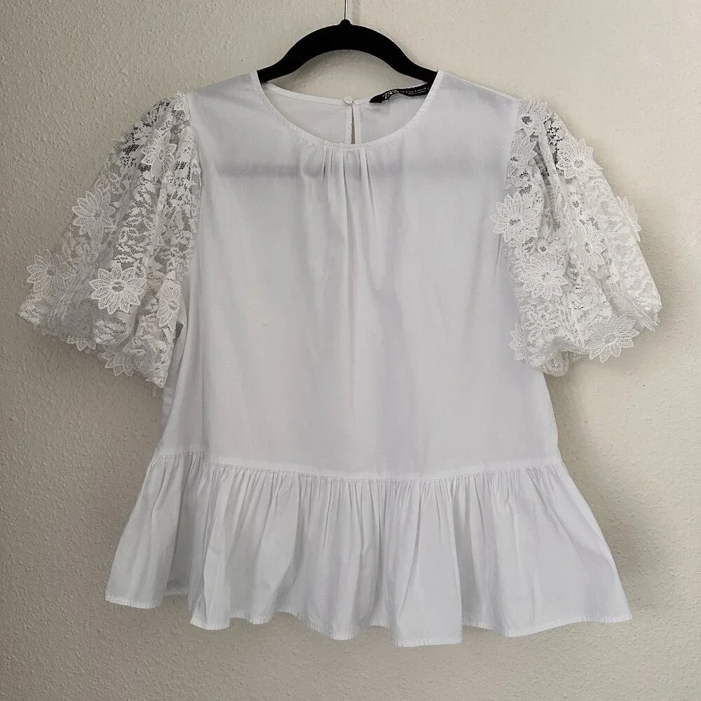 Zara White Lace-Sleeve Peplum Top Size S - Coquette - Picture 2 of 9